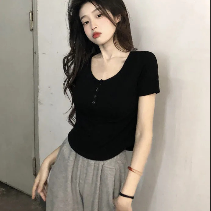 純棉 夏季新款T恤女設計感小眾修身顯瘦辣妹甜美短款百搭黑色上衣