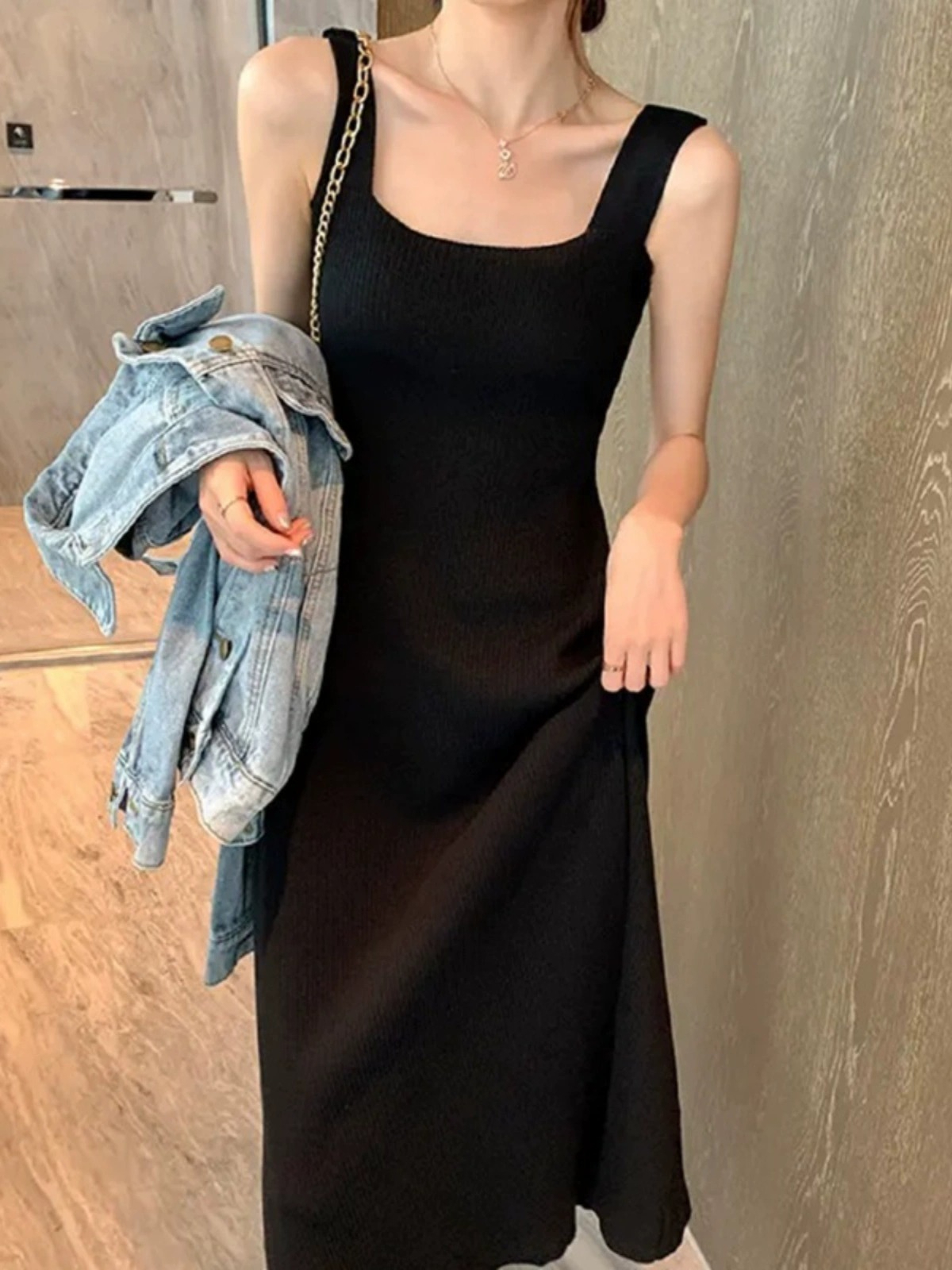 2024 new style knitted suspender dress for women with one-line neckline, covering the flesh, slimming the waist, mid-length inner bottoming long skirt