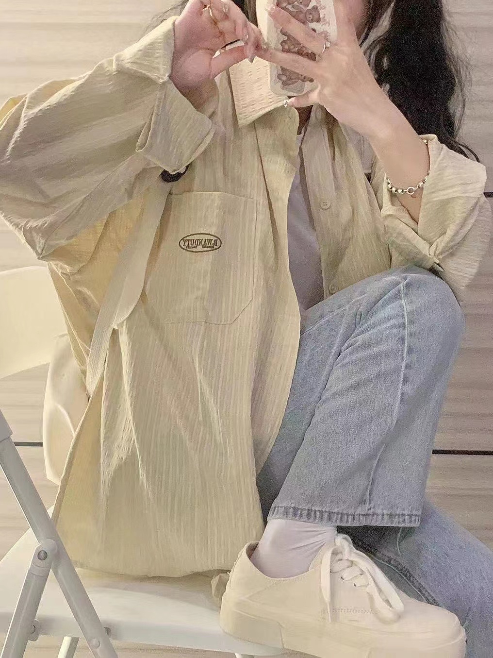 條紋少女春秋季開衫襯衫女港風外穿別致小眾港式上衣長袖襯衣外套
