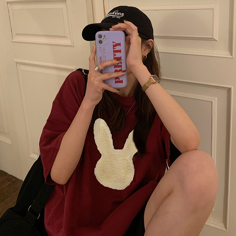 實拍  新款可愛兔子印花白色短袖t恤女設計感小眾oversize
