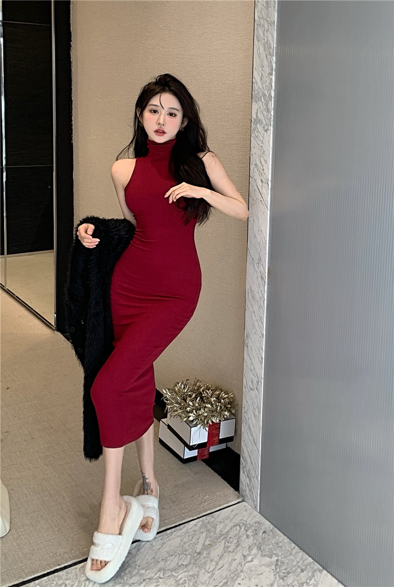 歐美辣妹風高領緊身顯瘦無袖包臀打底背心連衣裙女御姐范氣質長