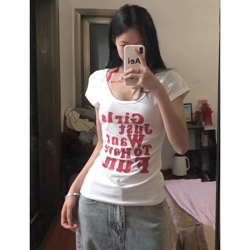 純棉 夏季新款T恤女美式正肩字母印花短袖甜辣妹緊身純欲短款上衣
