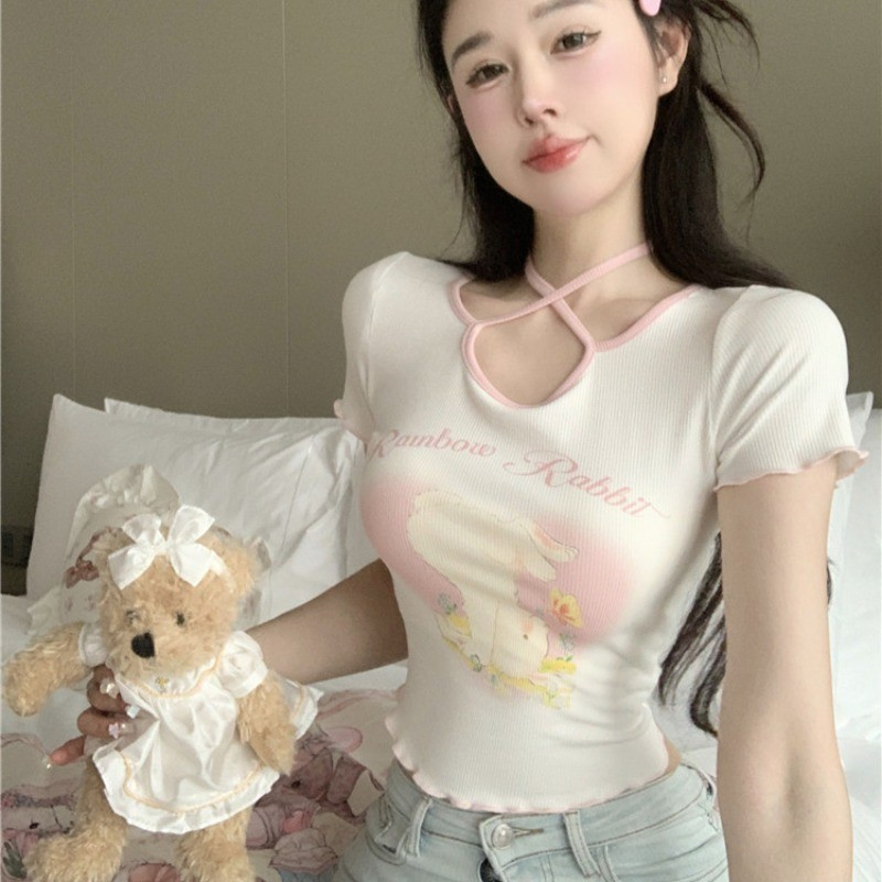 6535拉架棉 兔子印花t恤女夏短袖性感鏤空掛脖收腰純欲