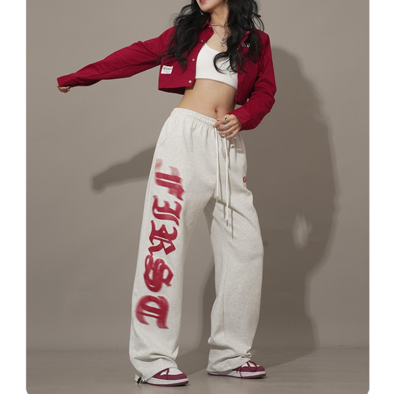 White and gray hip-hop drawstring design sweatpants for women, loose wide-legged American hip-hop sweatpants, jazz dance jazz trousers