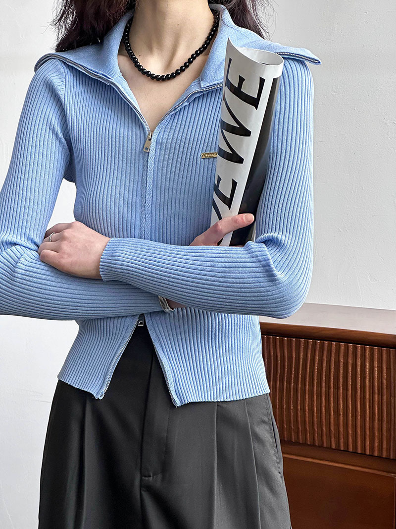 實拍~韓版新款修身顯瘦針織衫女2024春季翻領雙拉鏈針織開衫
