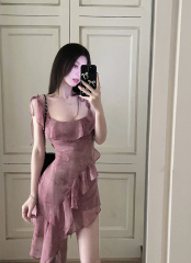 Photographed Mermaid Lace Edge Belted Straps Dress Women French Atmosphere Dress Bodycon