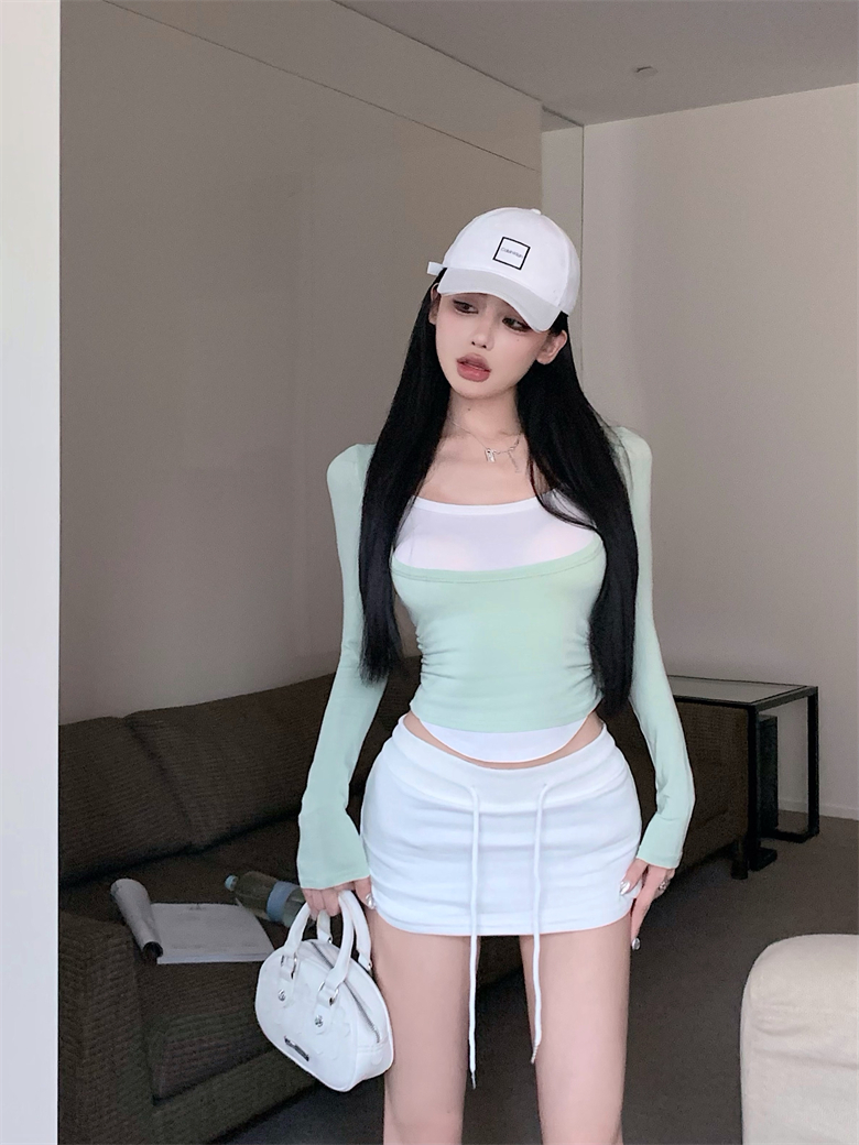 實拍純欲風顯身材假兩件修身T恤拼接大U領疊穿效果撞色女上衣