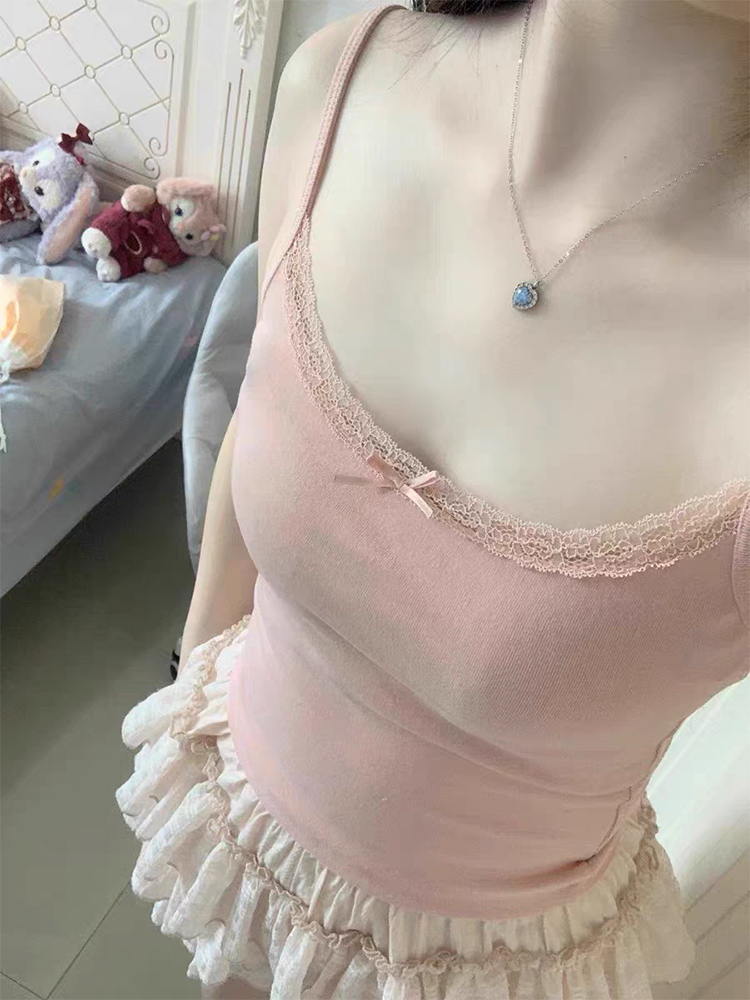 蕾絲花邊清純欲吊帶小背心女夏季性感修身內搭帶胸墊短款打底上衣