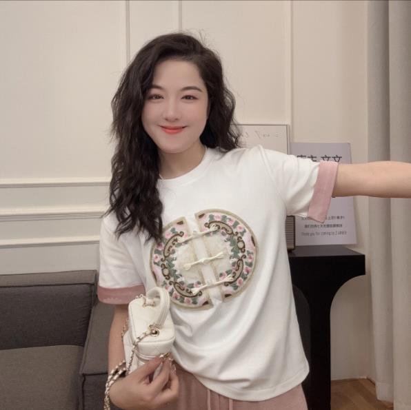 新中式國風刺繡短袖T恤女2024夏季新款洋氣盤扣寬鬆上衣白色體恤
