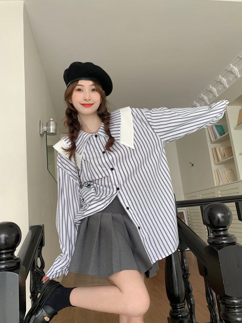 實拍 韓系雙層翻領設計感豎條紋襯衫女新款百搭顯瘦長袖上衣潮