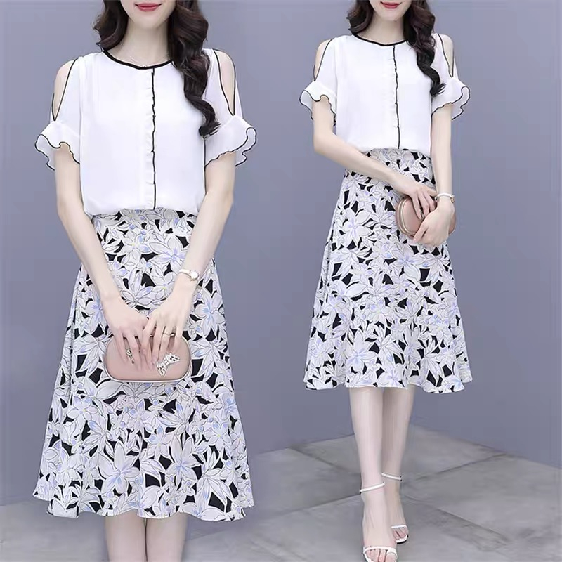 Internet celebrity fashion suit skirt for women summer Korean style short-sleeved chiffon shirt + skirt printed western style two-piece set