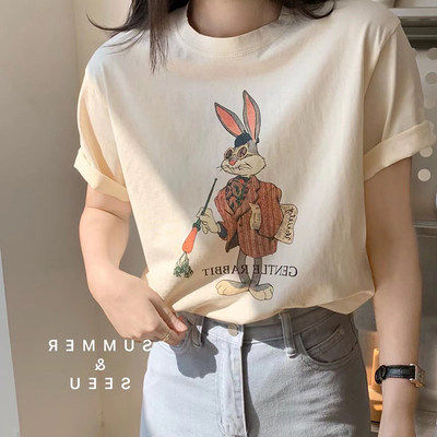 seeu韓國夏裝新款ins潮兔子先生短袖寬鬆做舊卡通圖案半袖T恤女