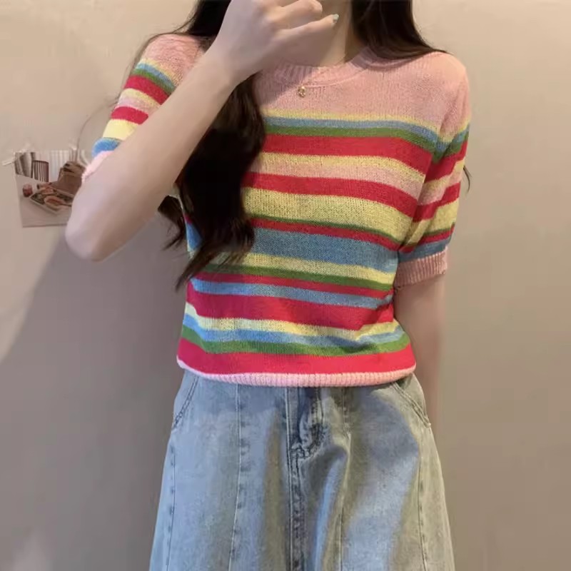 冰絲短袖t恤女夏季新款法式彩色條紋洋氣減齡小個子短款上衣薄款
