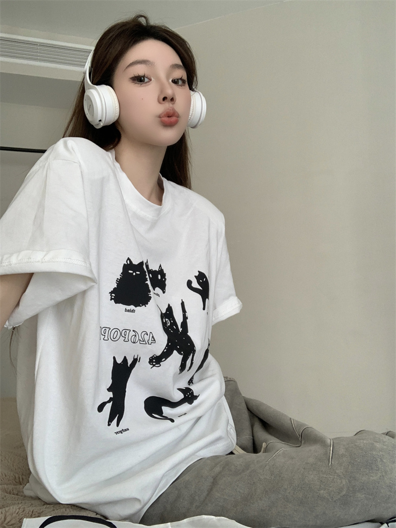 實拍 春夏甜美可愛減齡寬鬆卡通貓印花墊肩短袖T恤女上衣潮