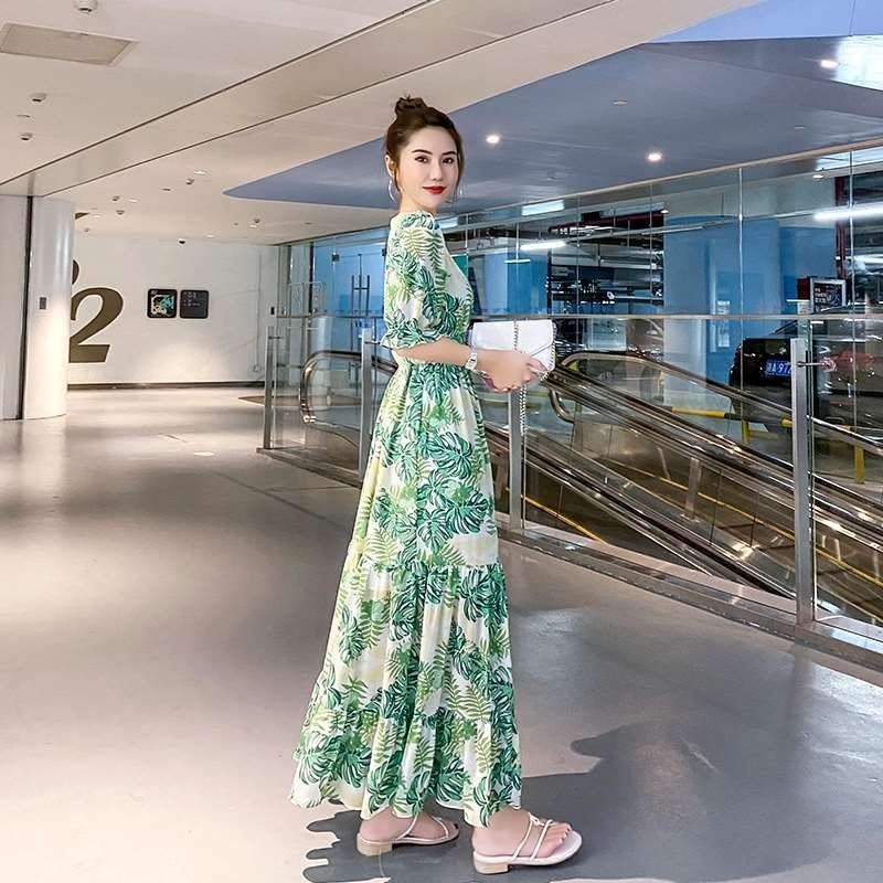 連衣裙2024春季甜美氣質V領小清新超仙甜美法式復古過膝長裙子女