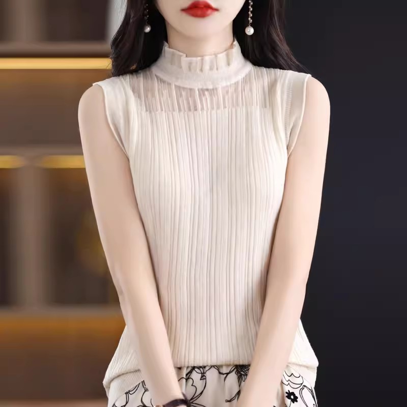 法式時尚花邊領背心女春秋網紗半高領打底衫假領蕾絲內搭無袖上衣