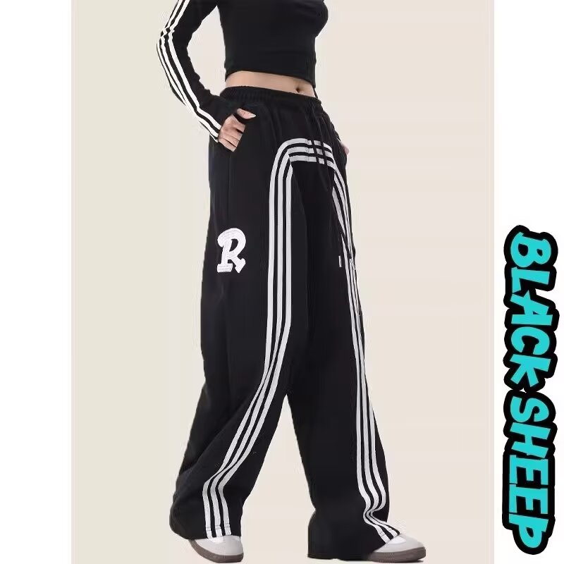 Chinese fashion American three-stripe sweatpants women's retro embroidered trousers loose casual drawstring high street pants