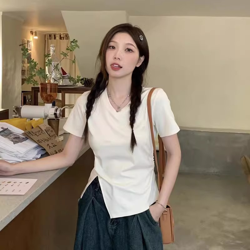 92棉/8氨綸40支210g純棉 不規則開叉短袖T恤女