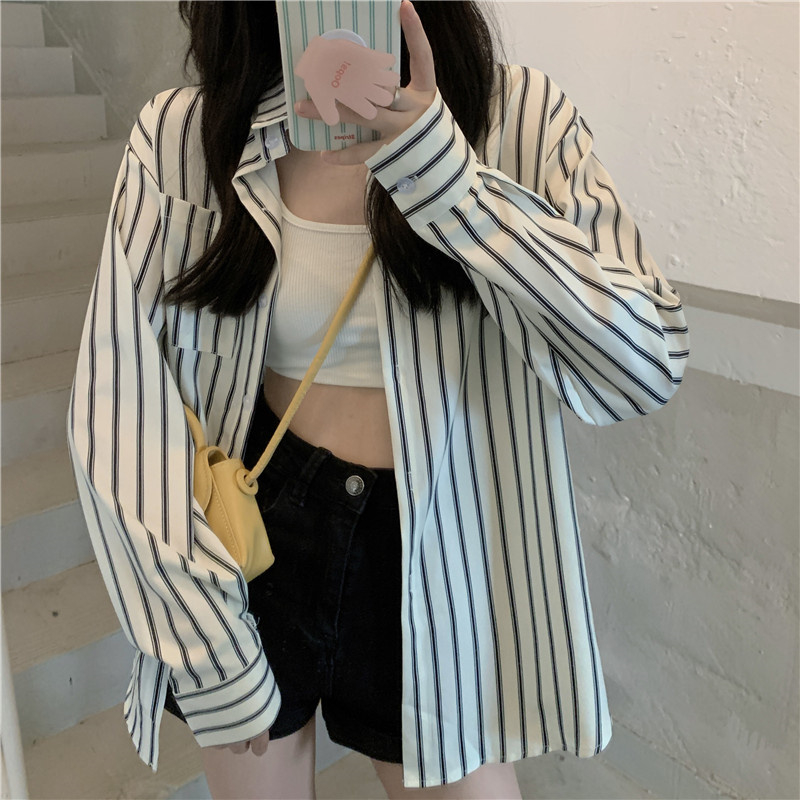 實拍 條紋襯衫夏季溫柔韓系設計感小眾獨特薄款防曬上衣