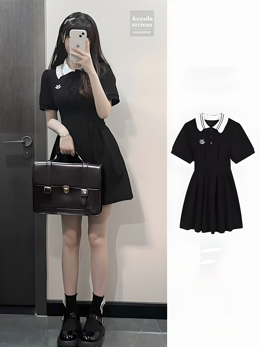 Twisted silk | Summer new POLO collar contrast button dress casual and versatile college style mid-skirt slimming