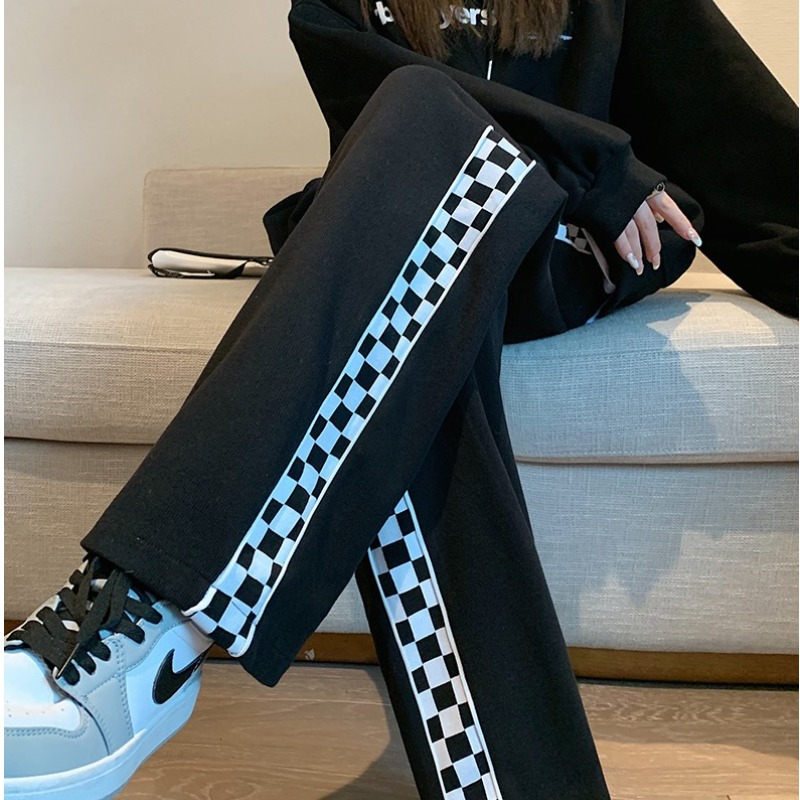 Checkerboard sports pants for women in autumn and winter, plus size fat girls, slim, loose, versatile, straight and drapey casual wide-leg pants