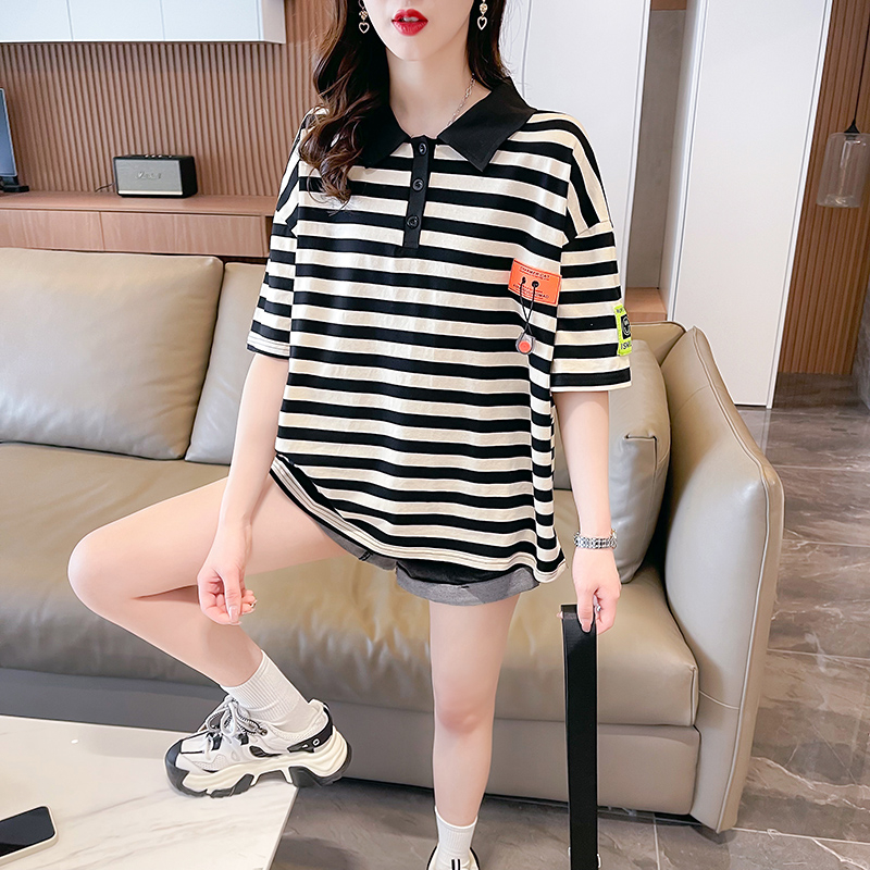 實拍2024夏季韓版寬鬆100%純棉後包領中長款條紋短袖T恤女