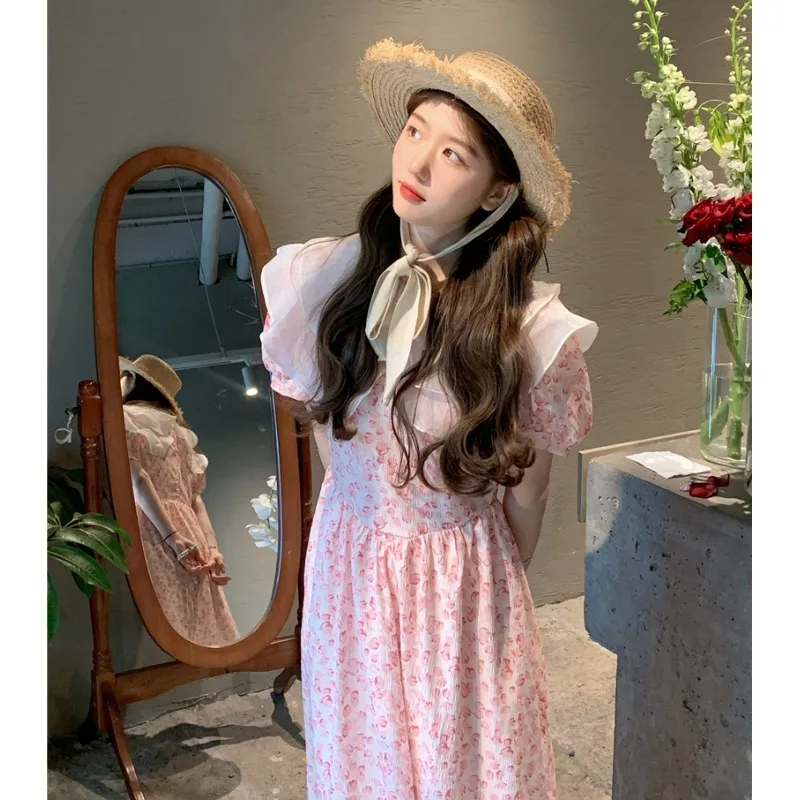 2024年夏季新款韓版甜美荷葉領拼接碎花連衣裙女小清新中長款裙子