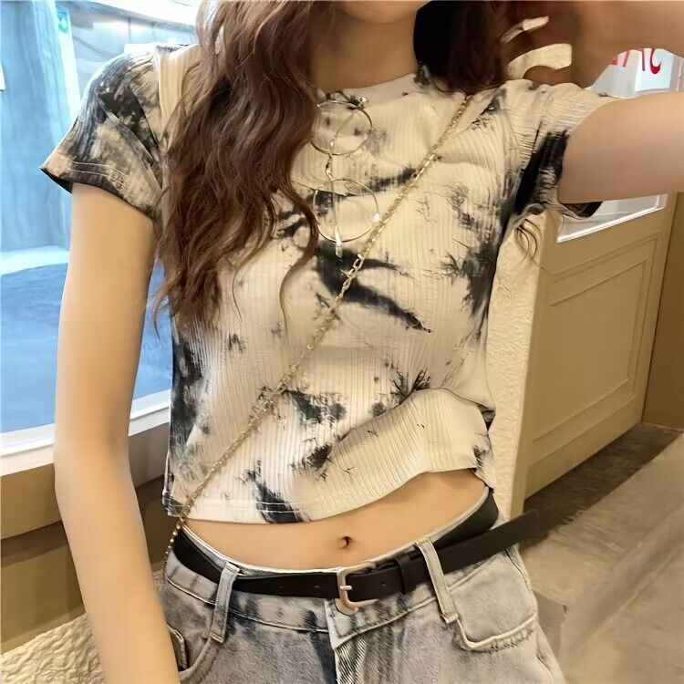 首發夏季短款上衣女修身女設計感露臍辣妹扎染短袖t恤原版