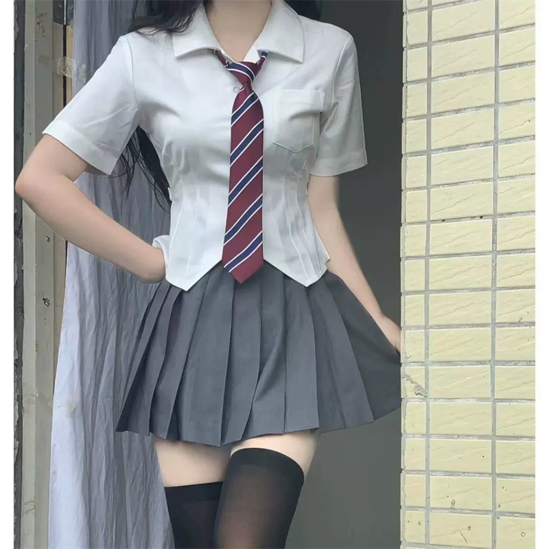 夏季jk領帶白色短袖襯衫女新款韓版設計感小眾修身別致短款襯衣