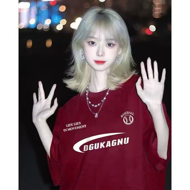 小眾復古字母印花純棉短袖T恤女潮ins夏季酒紅色寬鬆上衣服