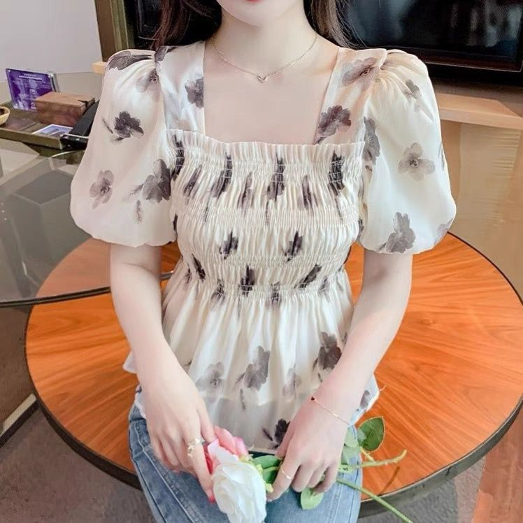 方領碎花短袖雪紡衫女夏2024新款泡泡袖襯衫短款遮肚子娃娃衫上衣