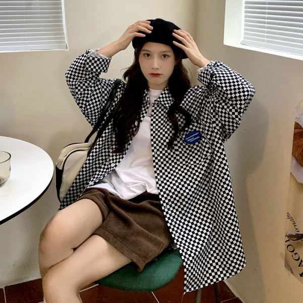 實拍 新款女復古黑白棋盤格長袖襯衣寬鬆休閒襯衫上衣服
