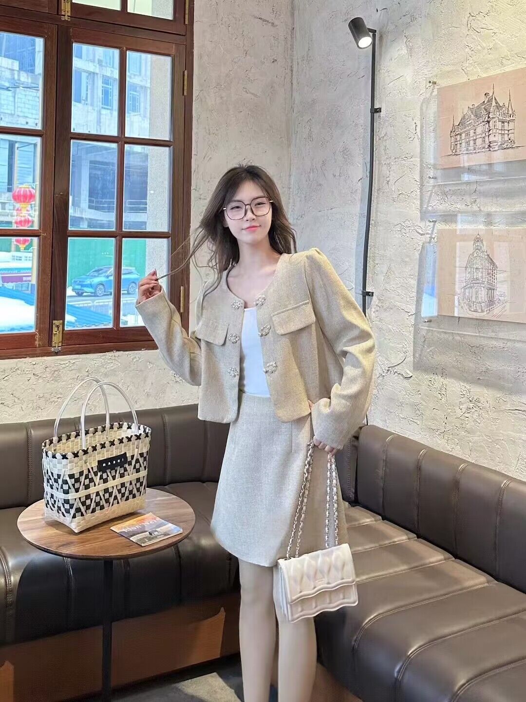 小個子粉色短外套套裝連衣裙小香風顯瘦初冬裝搭配一套春季
