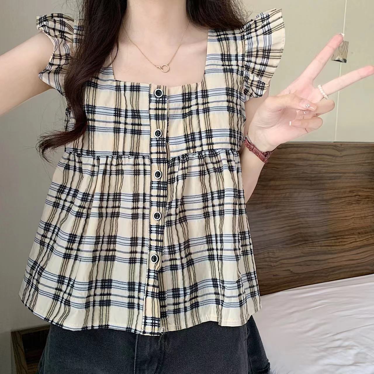 辣妹2024短款新款碎花方領雪紡格子小衫法式飛飛袖夏裝短袖露臍