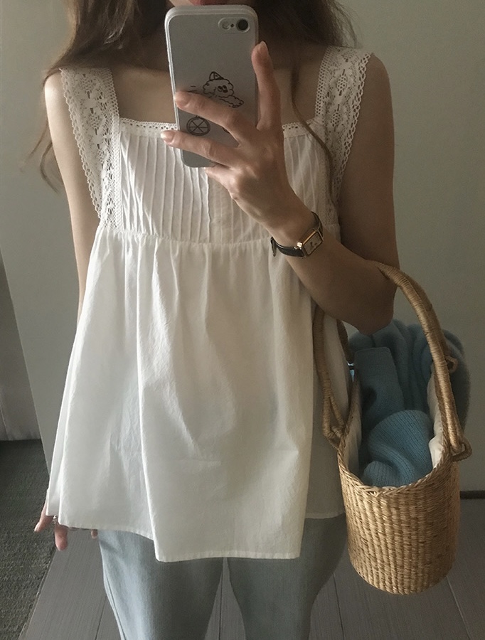 韓系法式甜辣風上衣吊帶女夏季新款白色花邊設計感小背心