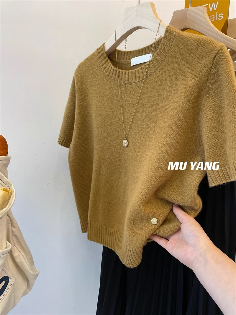MUYANG 低飽和高密度！韓國羊毛短袖毛衣 腰鐵片裝飾純色套頭針織