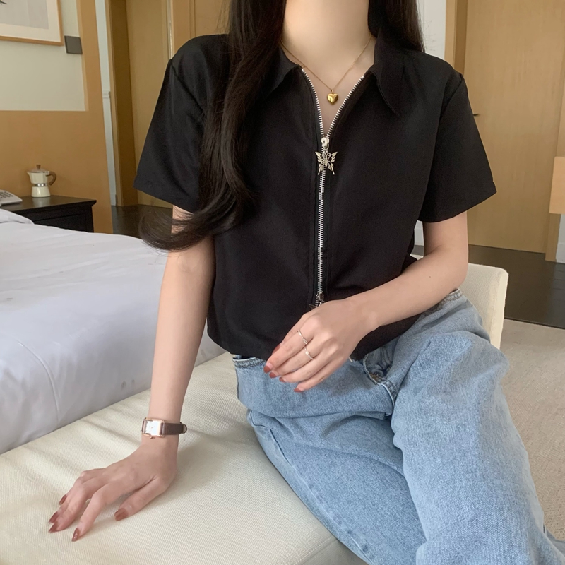 實拍 2024新款小眾設計感拉鏈短款甜辣上衣修身短袖襯衫女ins潮
