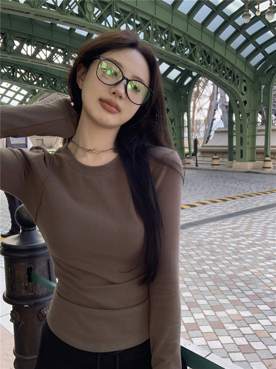 厚實緊身磨毛黑色長袖T恤女冬季小眾拼接軟糯打底衫內搭白色上衣