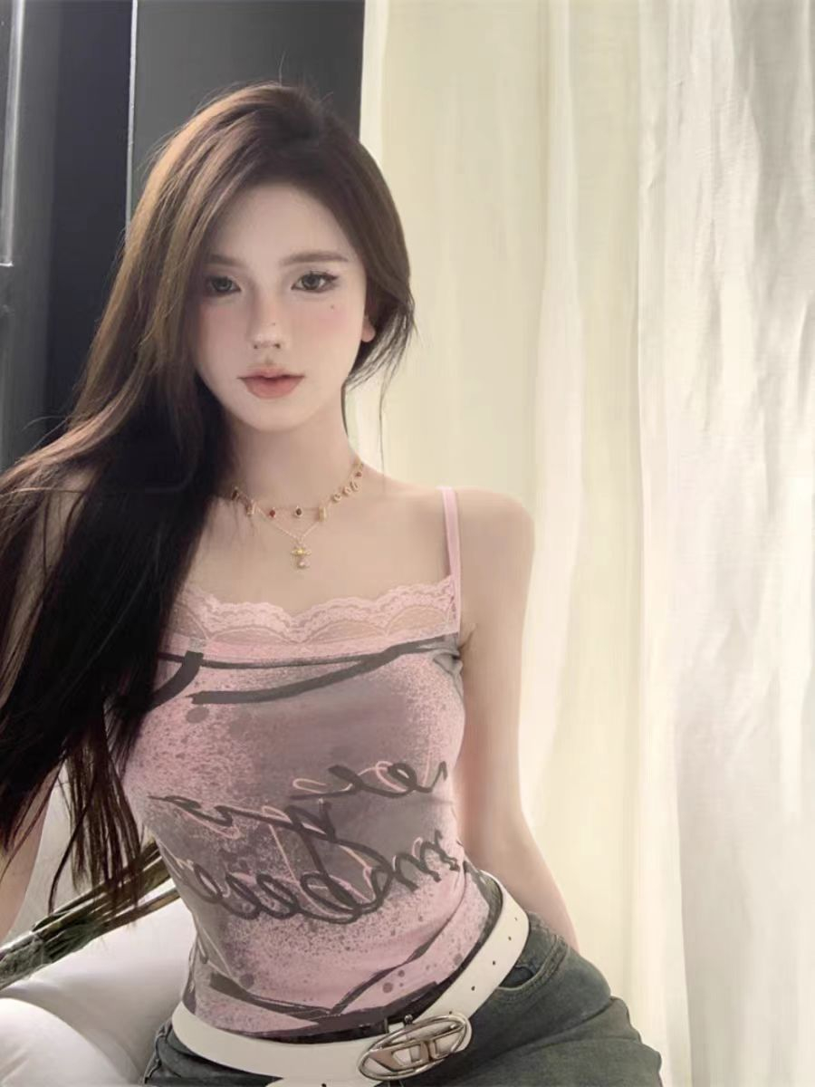 設計感小眾2024夏季新款粉色蕾絲邊辣妹美背修身百搭吊帶背心女潮