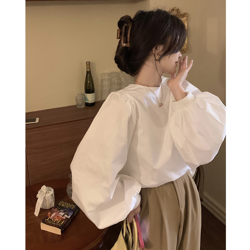 法式燈籠袖襯衫女春裝設計感寬鬆減齡百搭圓領襯衣泡泡長袖上衣