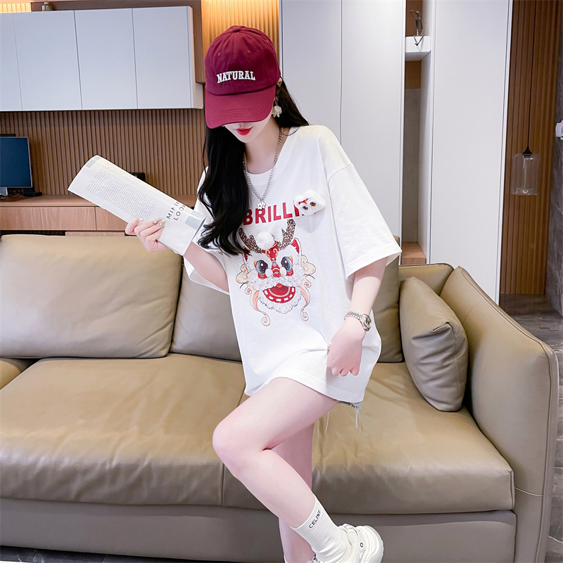 首發200克純棉後包領大碼300斤印花插肩袖短袖t恤女