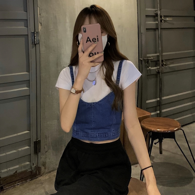 2024春夏韓版辣妹設計感綁帶短款上衣修身疊穿牛仔小吊帶背心女