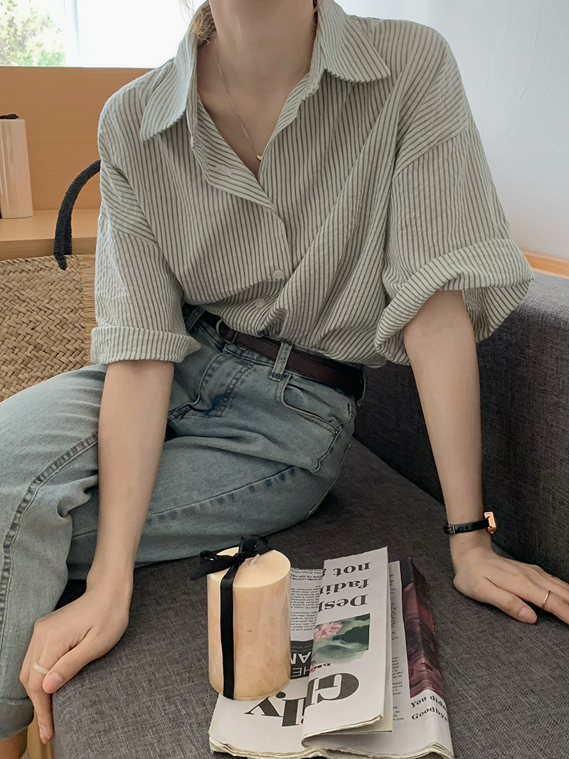 實拍三標齊經典條紋襯衣寬鬆翻領短袖上衣女