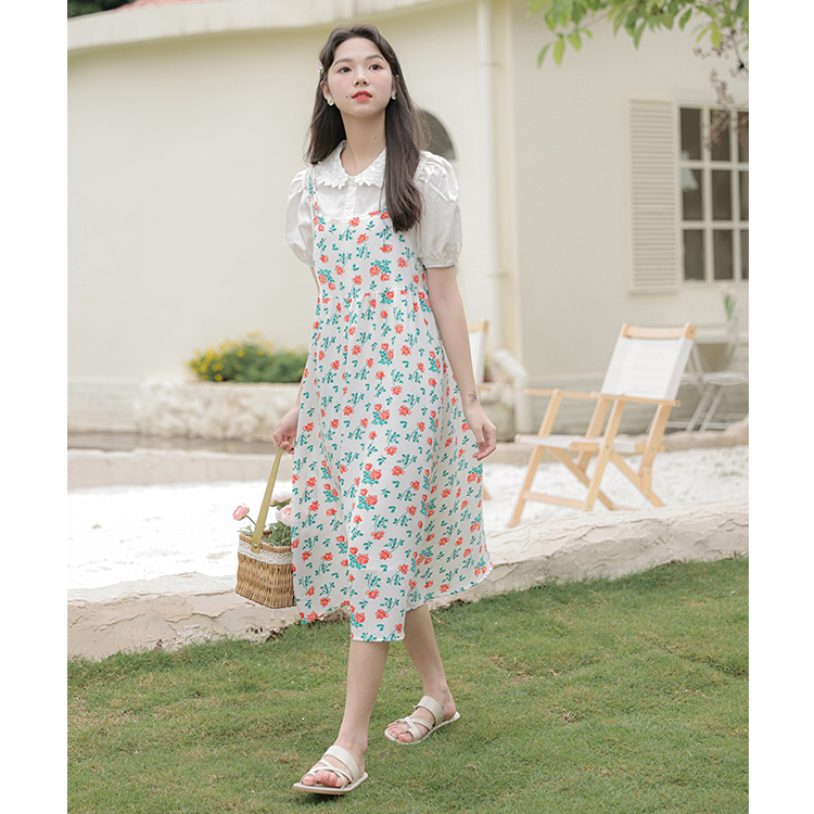 實拍新款女裝法式長裙吊帶碎花連衣裙子小個子兩件套裝裙夏季