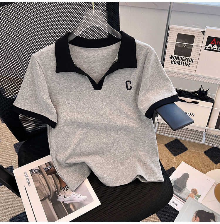 撞色字母刺繡修身短袖T恤女2024夏裝新款洋氣Polo小衫上衣潮