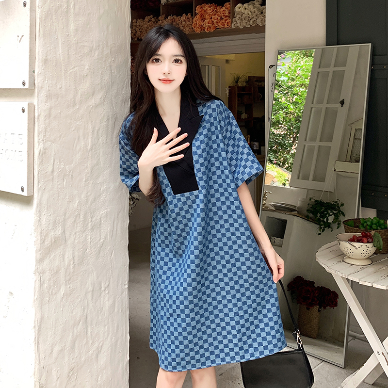 夏季大碼遮肉西裝領棋盤格連衣裙女寬鬆拼接裙子
