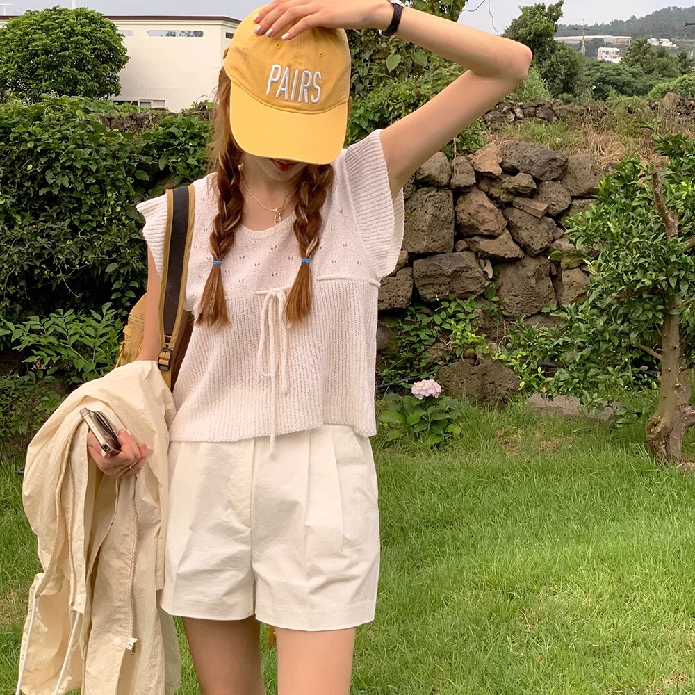 韓版小飛袖針織衫甜美系帶顯瘦減齡圓領蝴蝶結系帶鏤空上衣