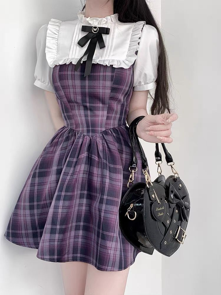 大碼甜美學院風連衣裙女夏季新款格子裙子胖mm遮肚子顯瘦辣妹短裙