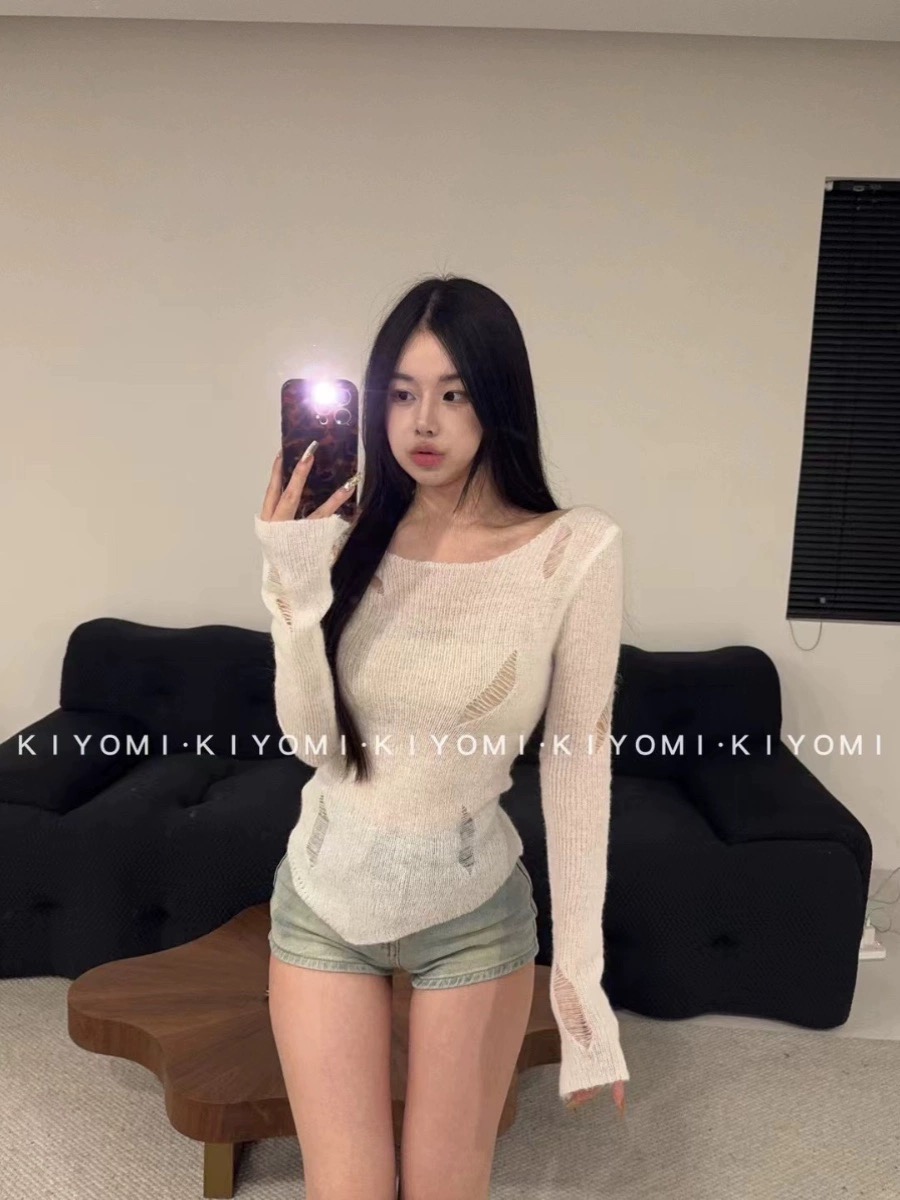 不規則長袖T恤女設計感小眾早春修身內搭針織打底衫別致鏤空上衣