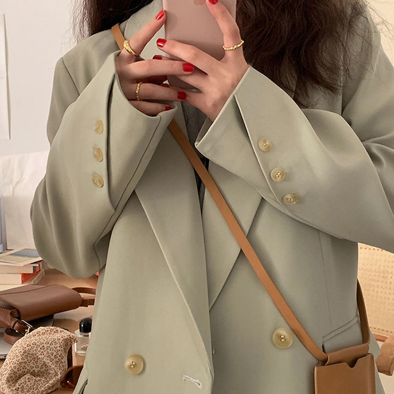 小個子西裝外套女2024春秋雙排扣綠色西服氣質顯瘦網紅炸街上衣潮